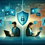 "Illustration of a computer screen displaying a secure remote collaboration tool interface with a hacker's silhouette in the background, symbolizing the intersection of cybersecurity and remote work."