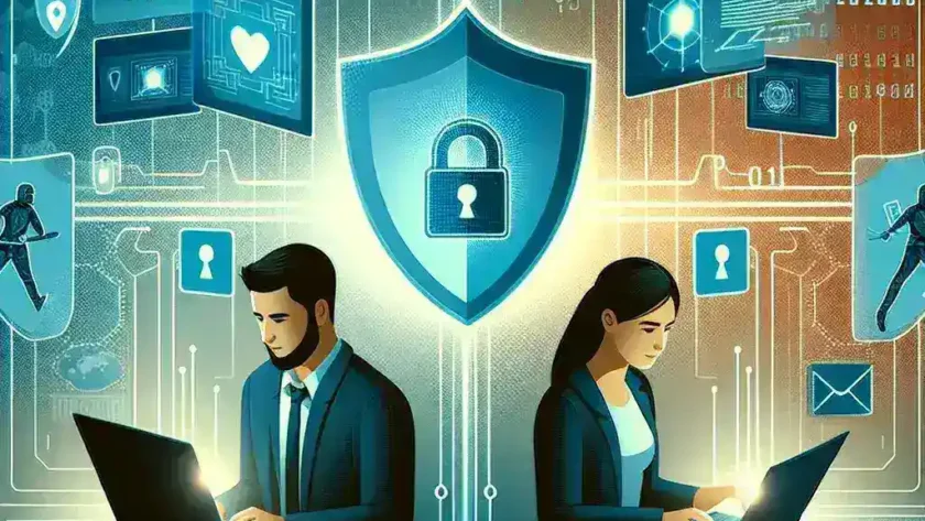 "Illustration of a computer screen displaying a secure remote collaboration tool interface with a hacker's silhouette in the background, symbolizing the intersection of cybersecurity and remote work."